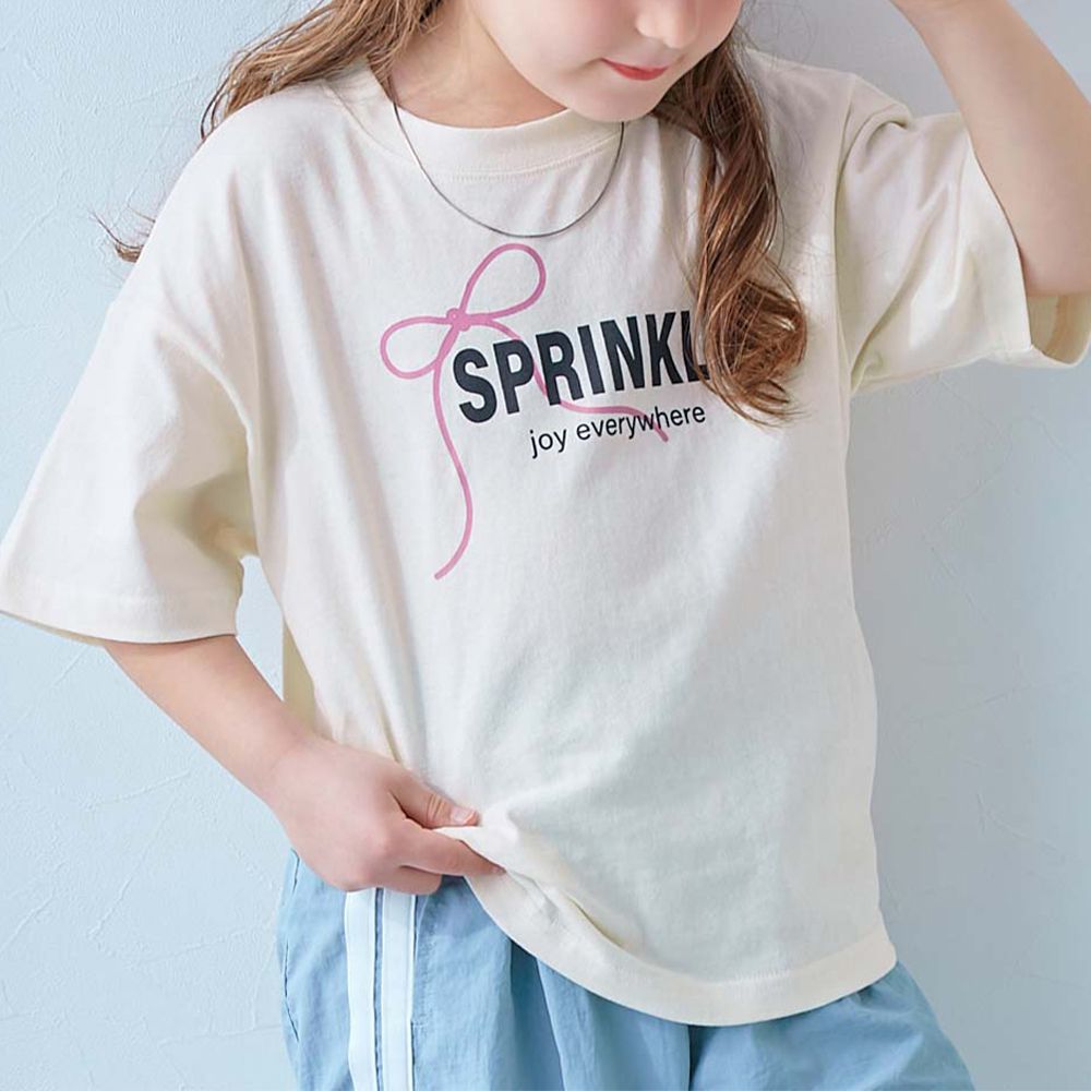 100%棉 可愛女孩寬版短袖上衣-甜美蝴蝶結-白