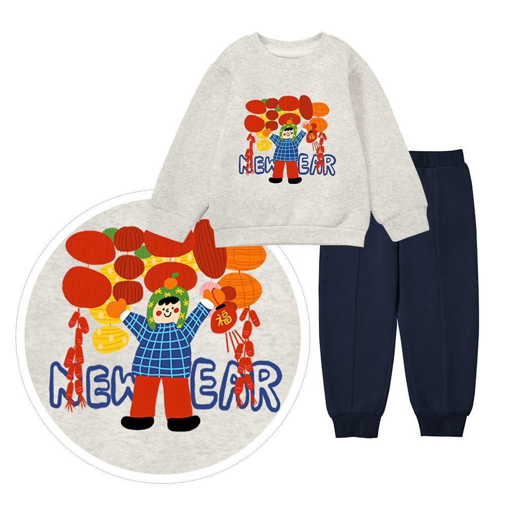 內刷絨長袖上衣+長褲套裝-鴻運當頭-米灰藍