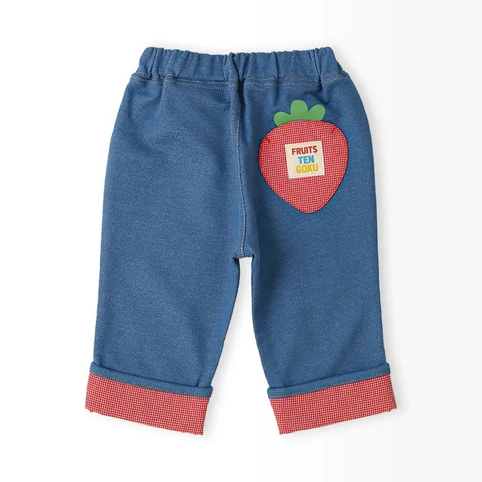 日本 ZOOLAND - 水果樂園 滿版印花摺邊七分褲-蘋果-海軍藍