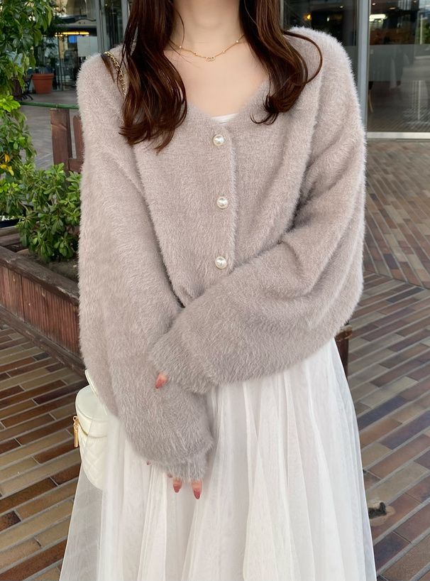 日本 GRL - 溫柔V領珍珠釦短絨小外套-黑 (F)