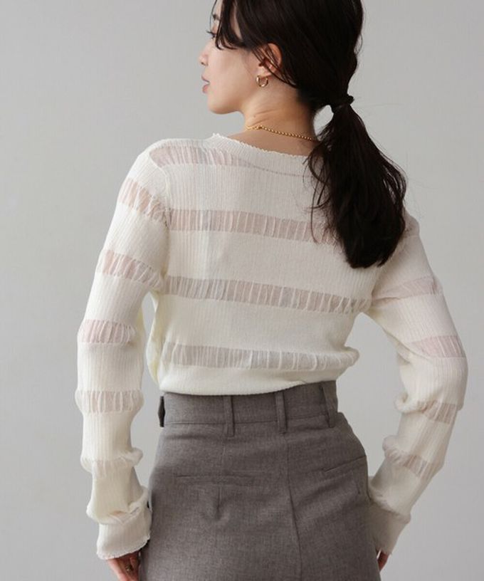 日本 Bab - 魅力條紋透膚針織長袖上衣-灰