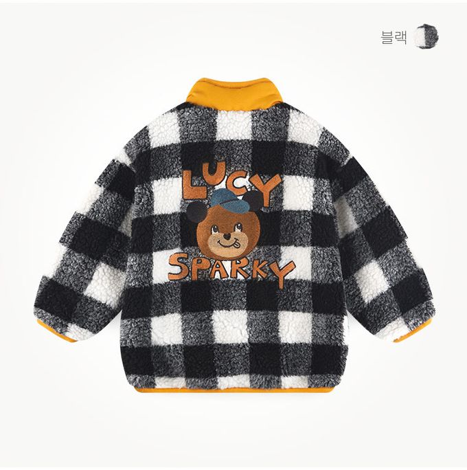 韓國 milk mile - 黑白格紋毛絨保暖外套-黑