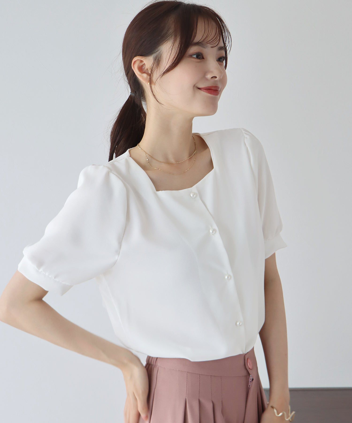 日本 BLUE EAST - 法式方領短袖珍珠釦襯衫-水藍