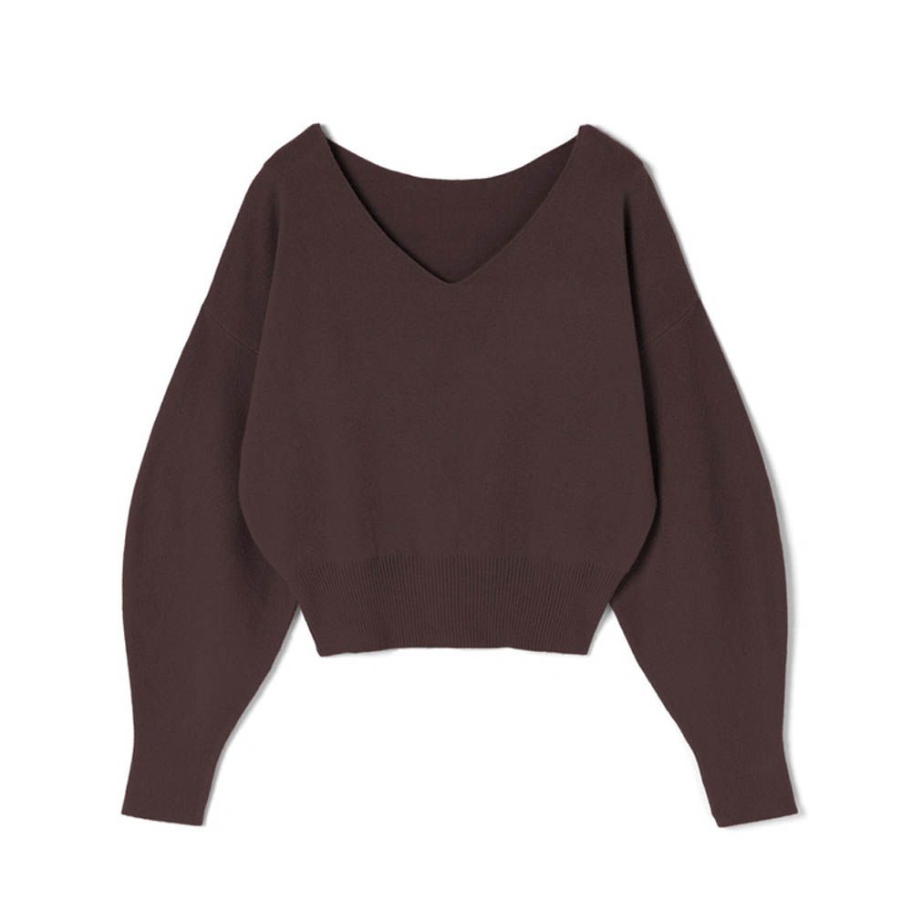 顯瘦V領簡約針織長袖上衣-深咖啡 (F)