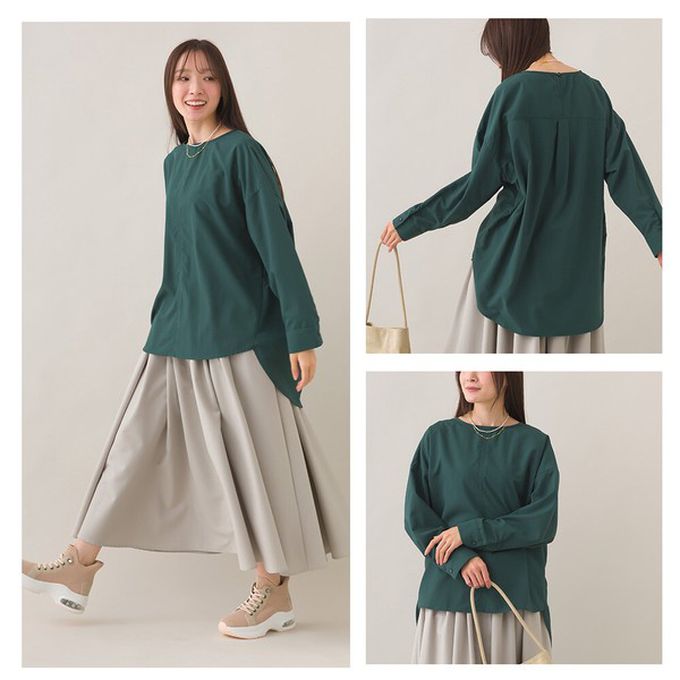 日本 OMNES - 圓弧優雅前短後長修身船領長袖上衣-條紋-藍