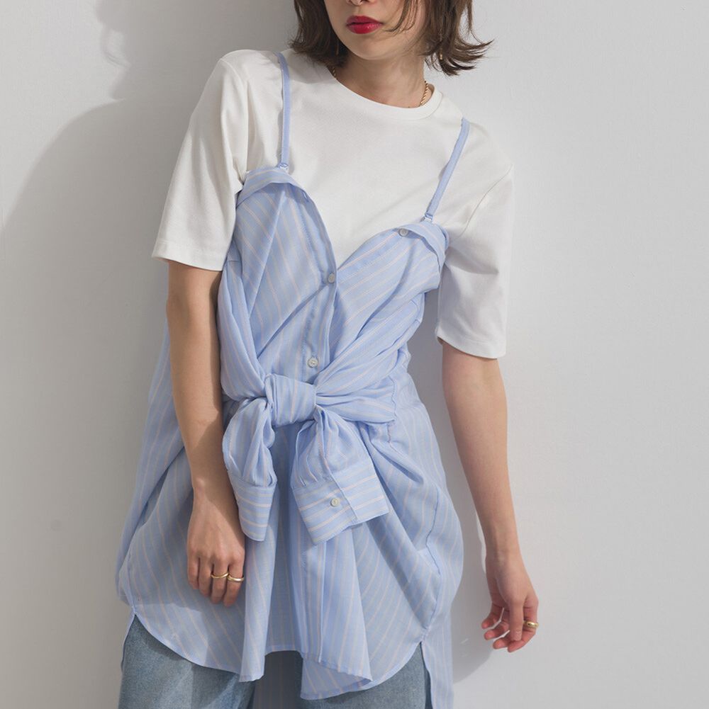 2way穿法輕盈透膚寬版薄襯衫-直條紋-水藍