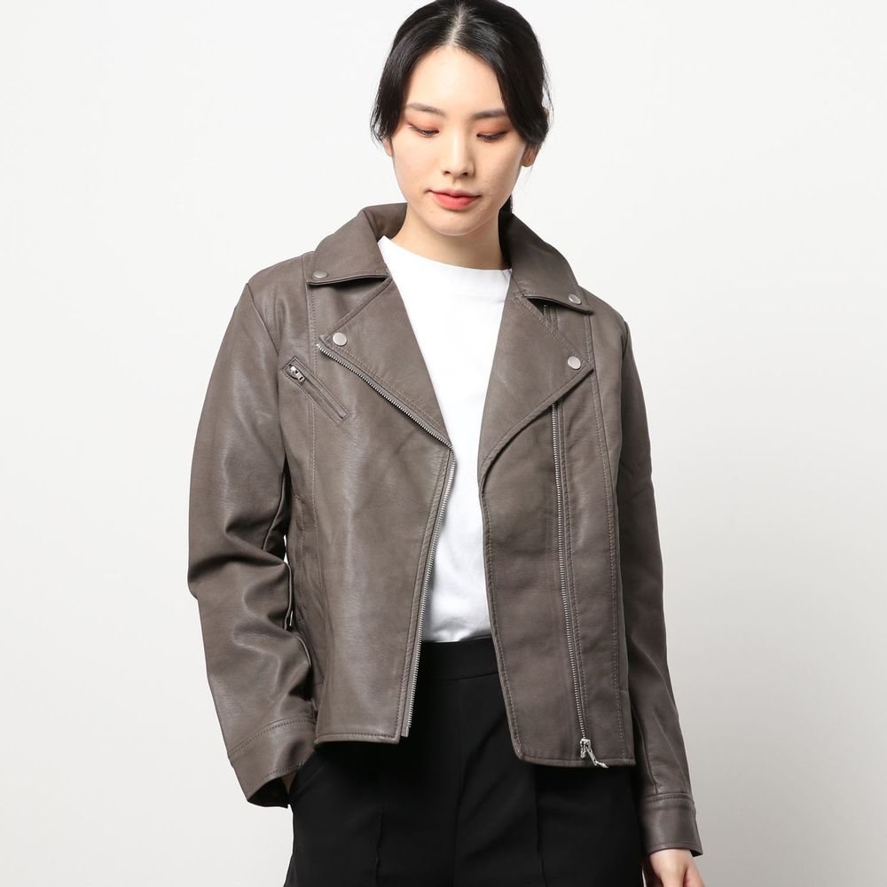 日本 Riche Glamour - 帥氣仿皮皮衣-大三角領-深灰 (L)