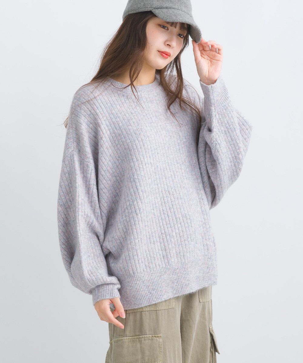 日本女裝代購 - 大寬袖圓領混色針織上衣-米黃