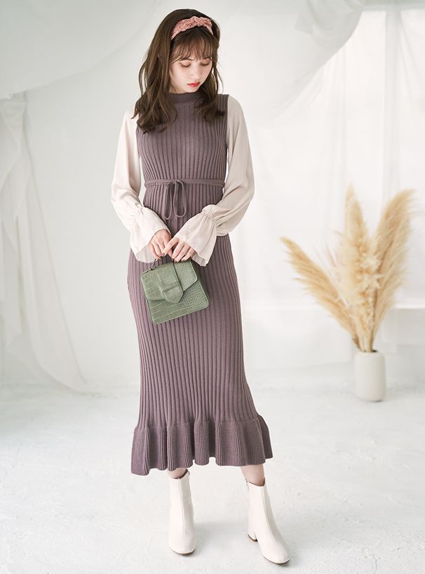 日本 GRL - 異材質拼接雪紡袖針織長洋裝-摩卡