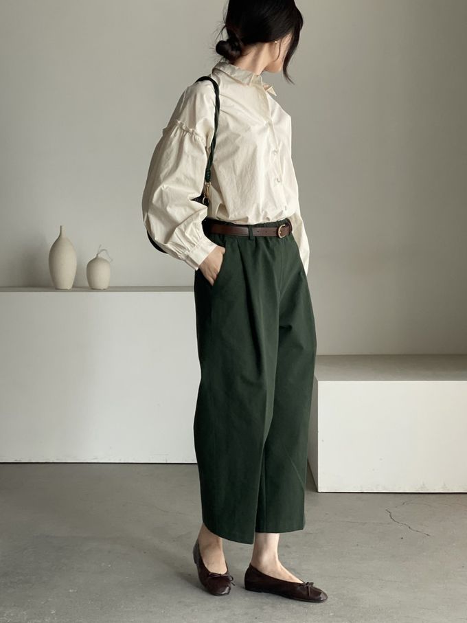 韓國女裝連線 - 極簡拼接翻領長袖襯衫-米杏 (FREE)