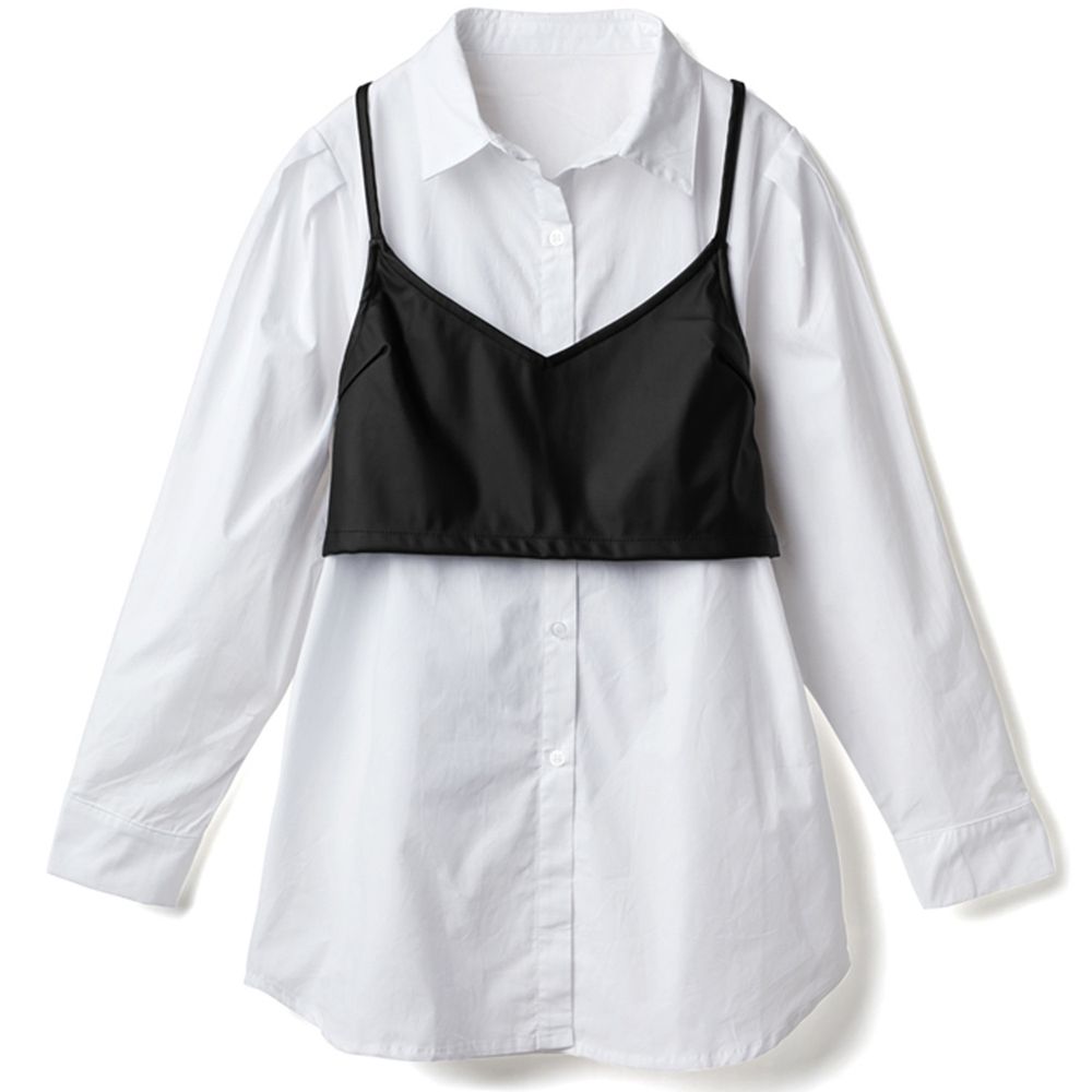 日本 GRL - 蝴蝶結綁帶皮革細肩背心X長袖襯衫-黑X白