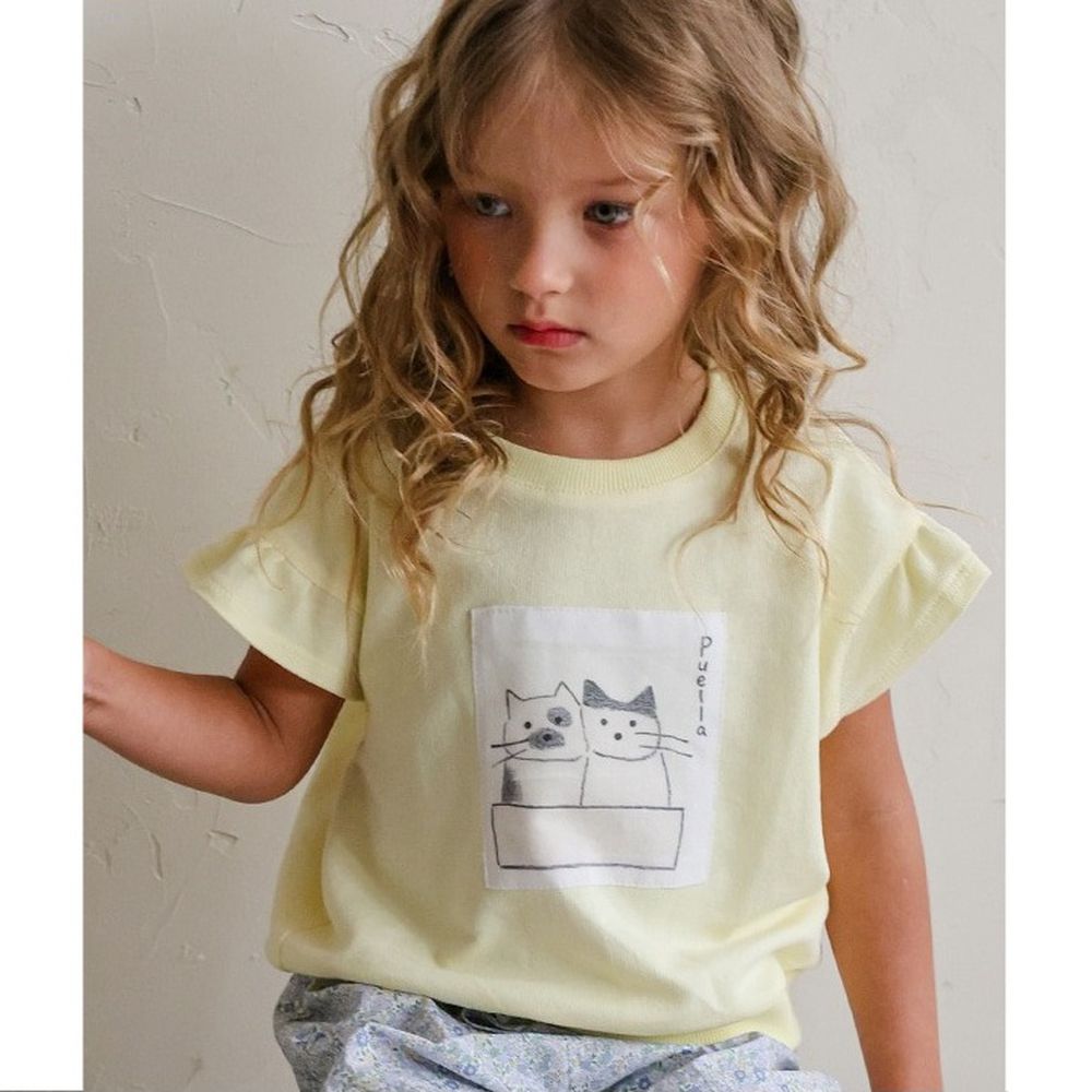 Puellaflo 貓咪圖案布貼純棉荷葉袖上衣-淺黃