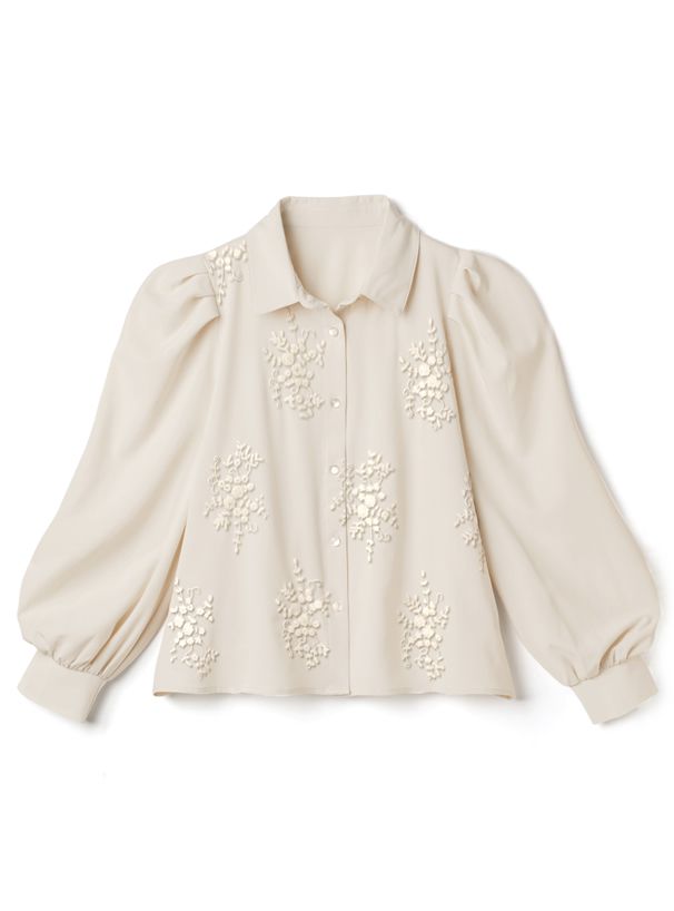 日本 GRL - 花朵刺繡澎澎袖長袖襯衫-米