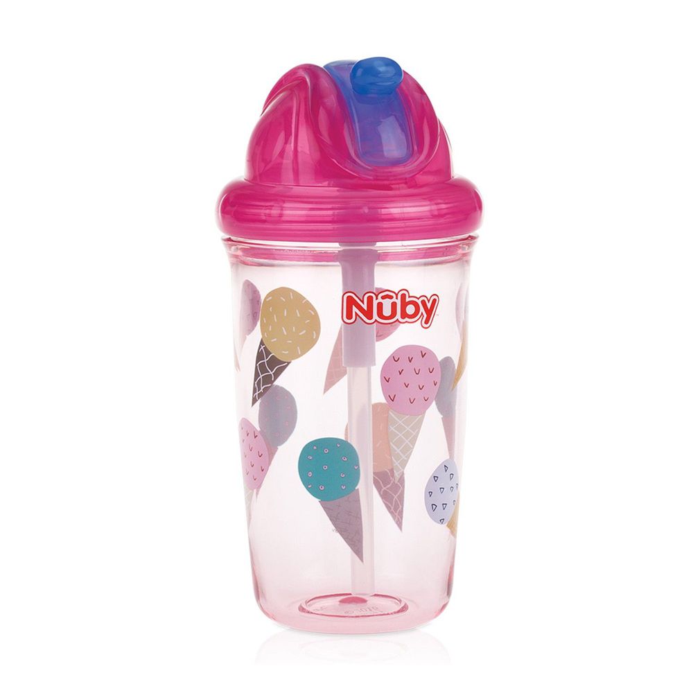 Nuby - 晶透杯系列 防漏學飲杯300ml (粗吸管)-甜筒-粉紅