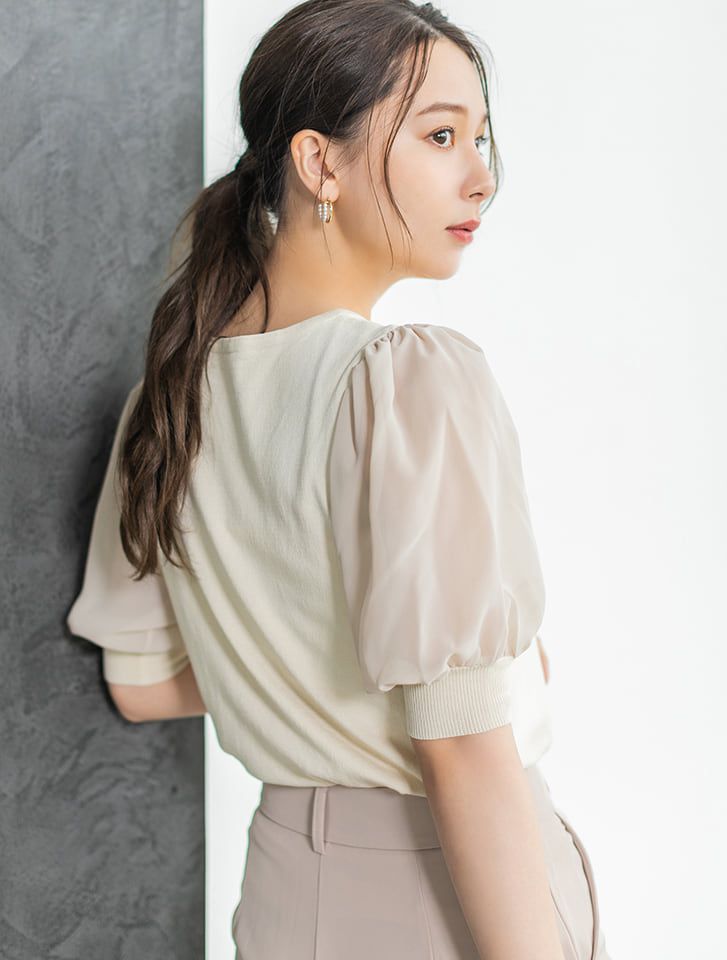 日本 fifth - 異材質拼接澎袖圓領五分袖上衣-咖啡