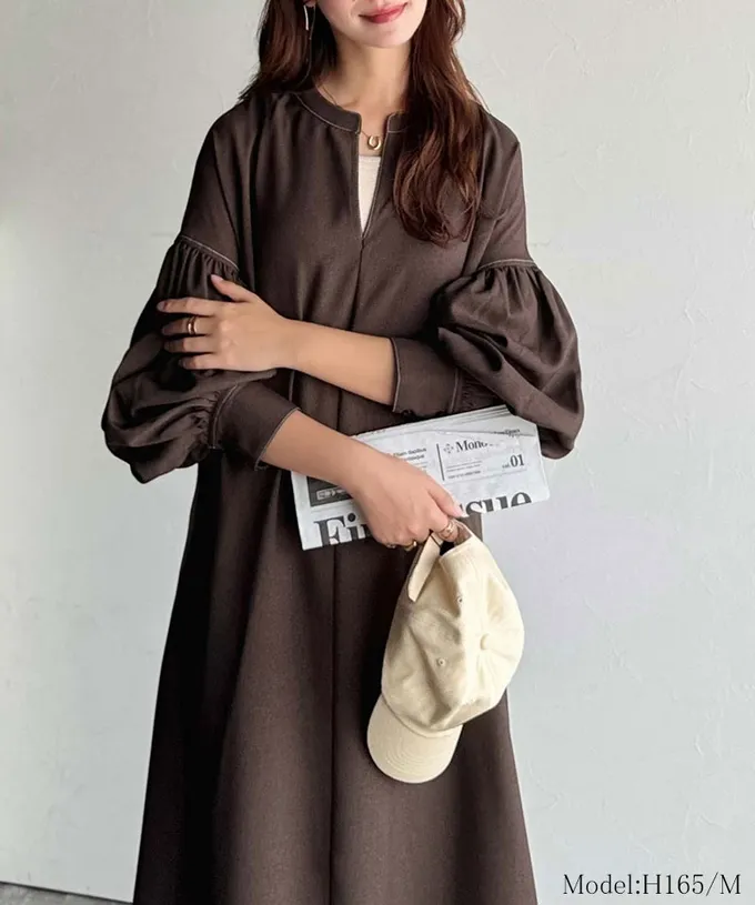 日本 Classical Elf - 鑰匙領氣質澎澎腰綁帶長袖洋裝-咖啡