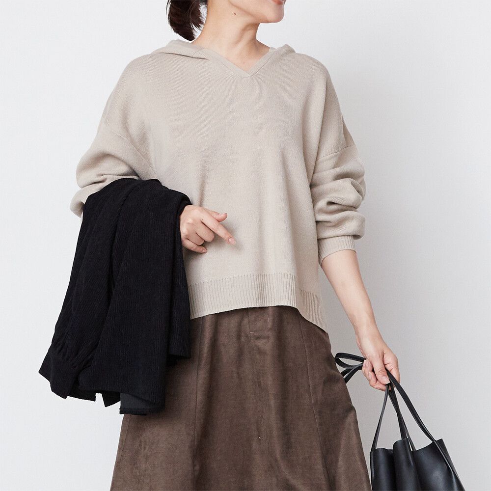 日本女裝代購 - 顯瘦小V領前短後長連帽針織上衣-深咖啡 (M(Free size))