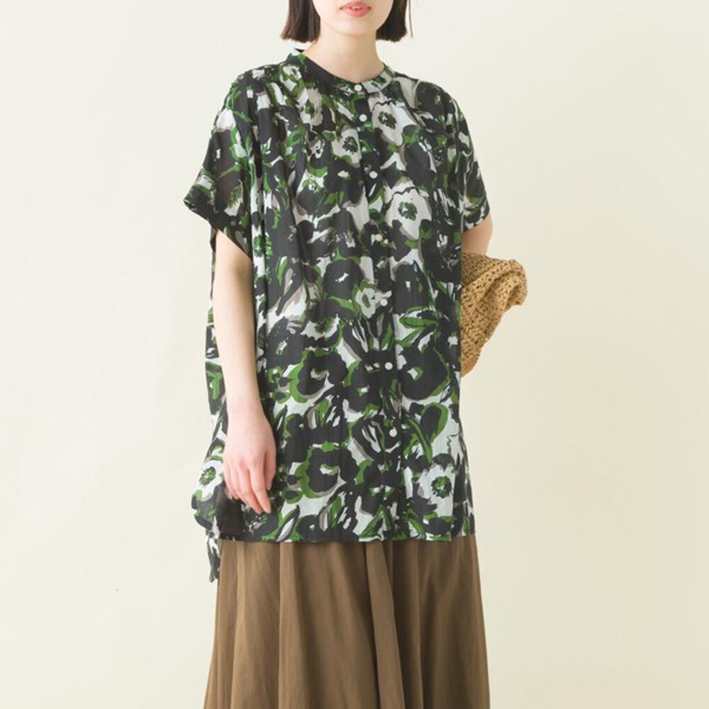 日本 OMNES - 100%印度棉 夏日印花輕盈寬版襯衫-黑綠白花