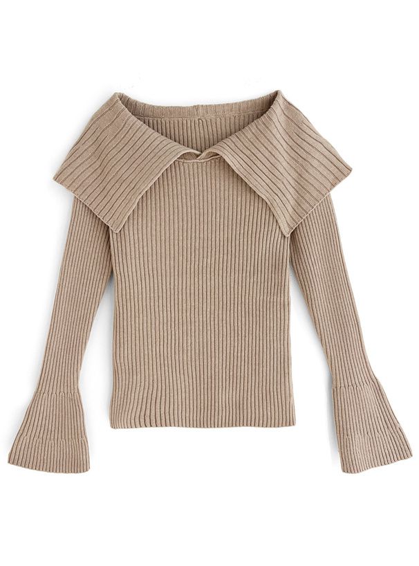 日本 GRL - 大翻領羅紋彈性薄針織上衣-奶茶 (F)