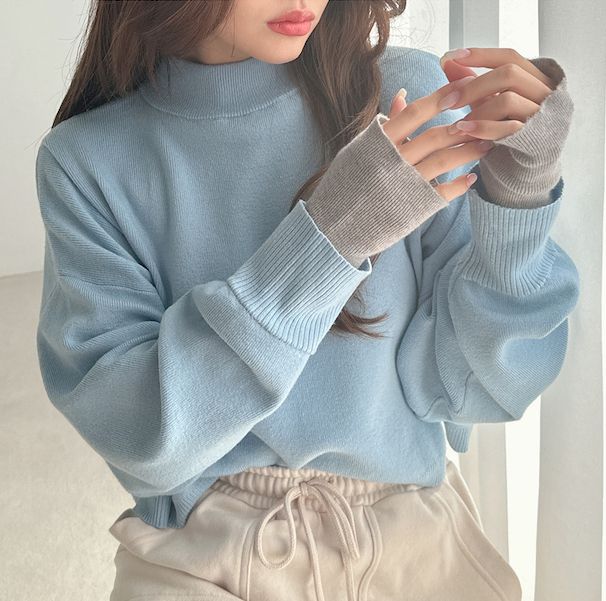 日本 GRL - 假兩件針織短版長袖上衣(附指穴)-寶貝藍x淺灰 (F)