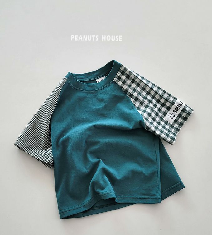 韓國 Peanuts House - 純棉拼接格子短袖上衣-紅