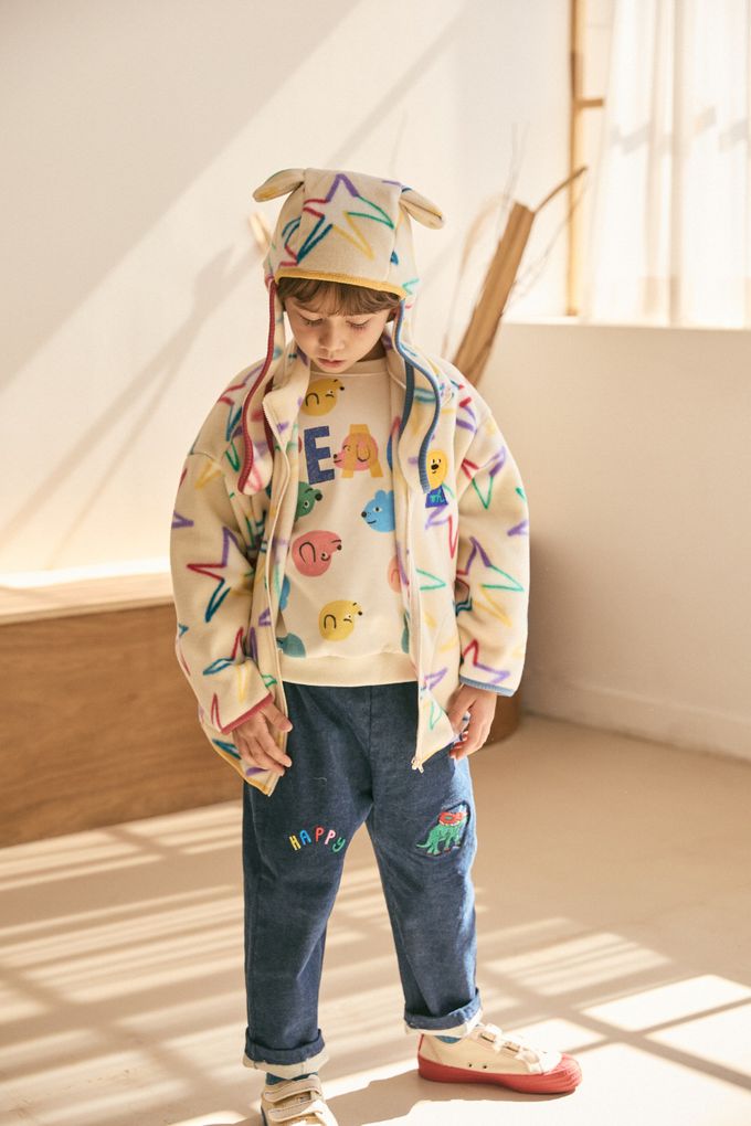 韓國 Mimico - (內磨毛)鬆緊腰動物印長褲-狐狸-淺卡其