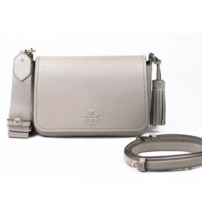 TORY BURCH - 荔枝皮革翻蓋流蘇斜背包 (灰(背帶兩款可替換))
