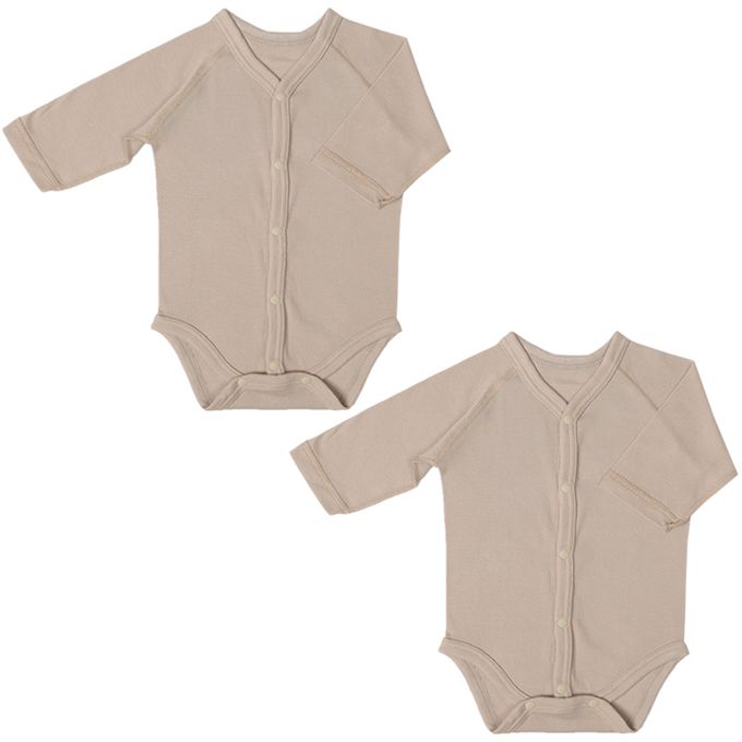 akachan honpo - 長袖有機包屁衣2件組-前開式-咖啡色