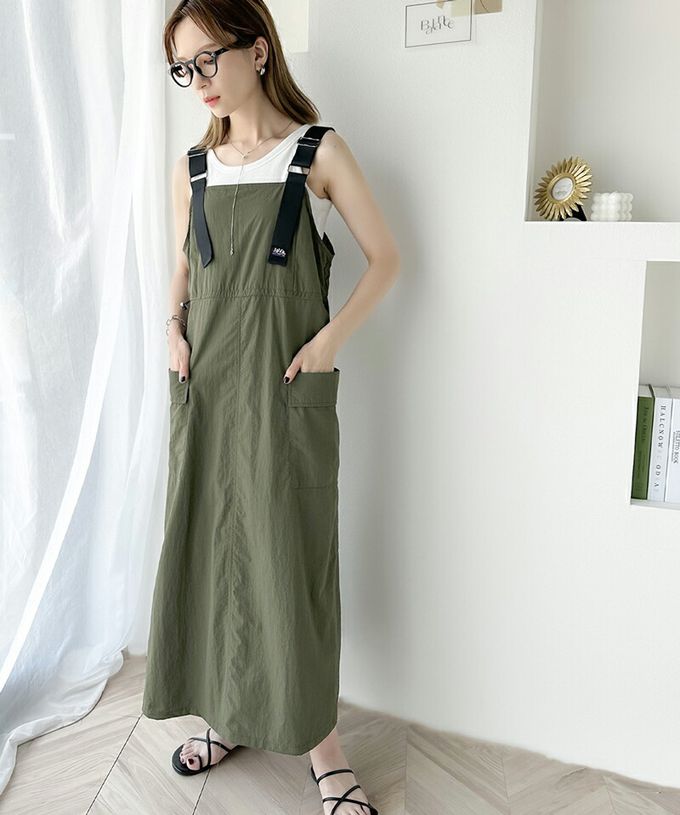 日本 Classical Elf - Java聯名 美式休閒抽繩吊帶裙-卡其