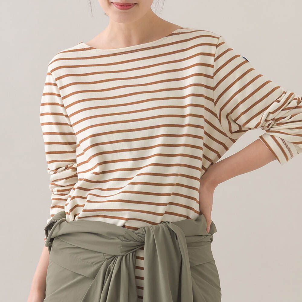 [必收款]100%棉 條紋船領長袖上衣-卡其x咖啡