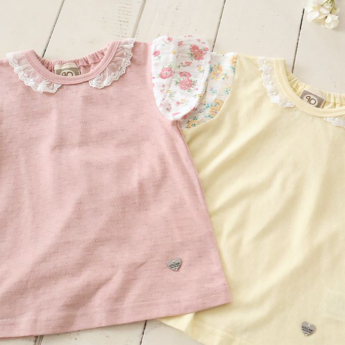 日本 ZOOLAND - 浪漫歐風緹花短袖上衣-領口蕾絲-鵝黃