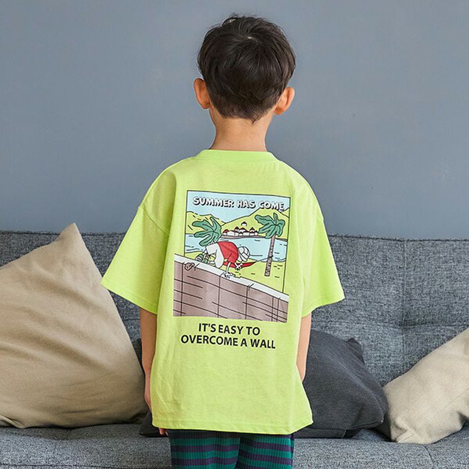 日本 petit main - 100%棉 夏季感印花短袖上衣-胸前鯊魚-寶藍