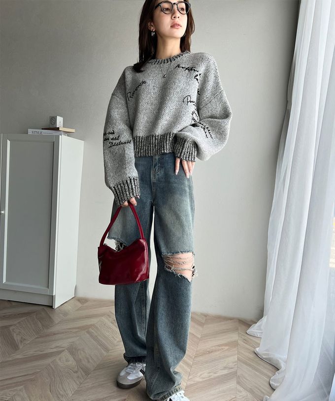 日本 Classical Elf - 英文刺繡時尚配色羅紋毛衣-橘