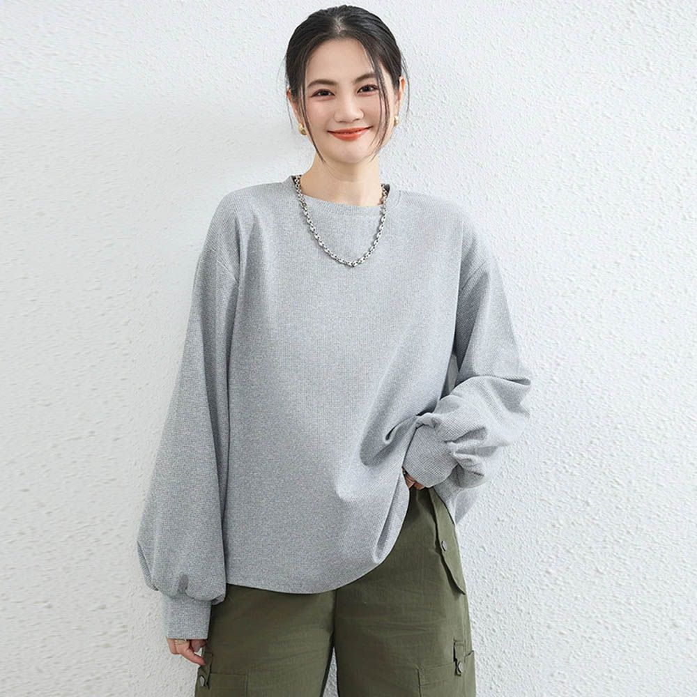 華夫格百搭澎澎長袖上衣-淺灰色 (F)