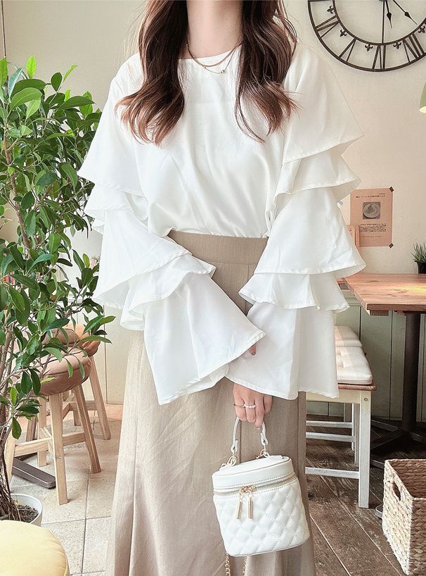 日本 GRL - 優雅氣質層次長袖上衣-杏白 (F)