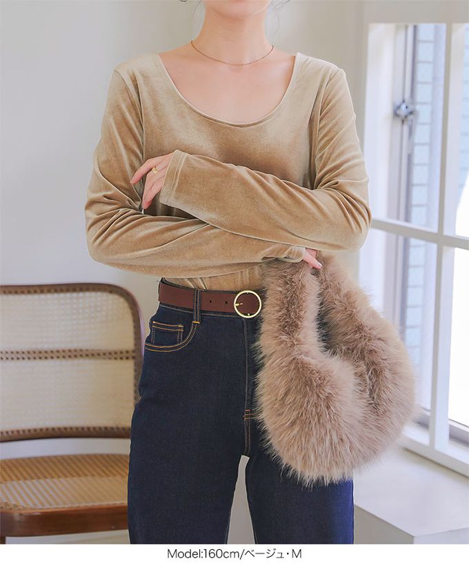 日本 Kobe Lettuce - 前後2way 光澤絲絨U領長袖上衣-深棕