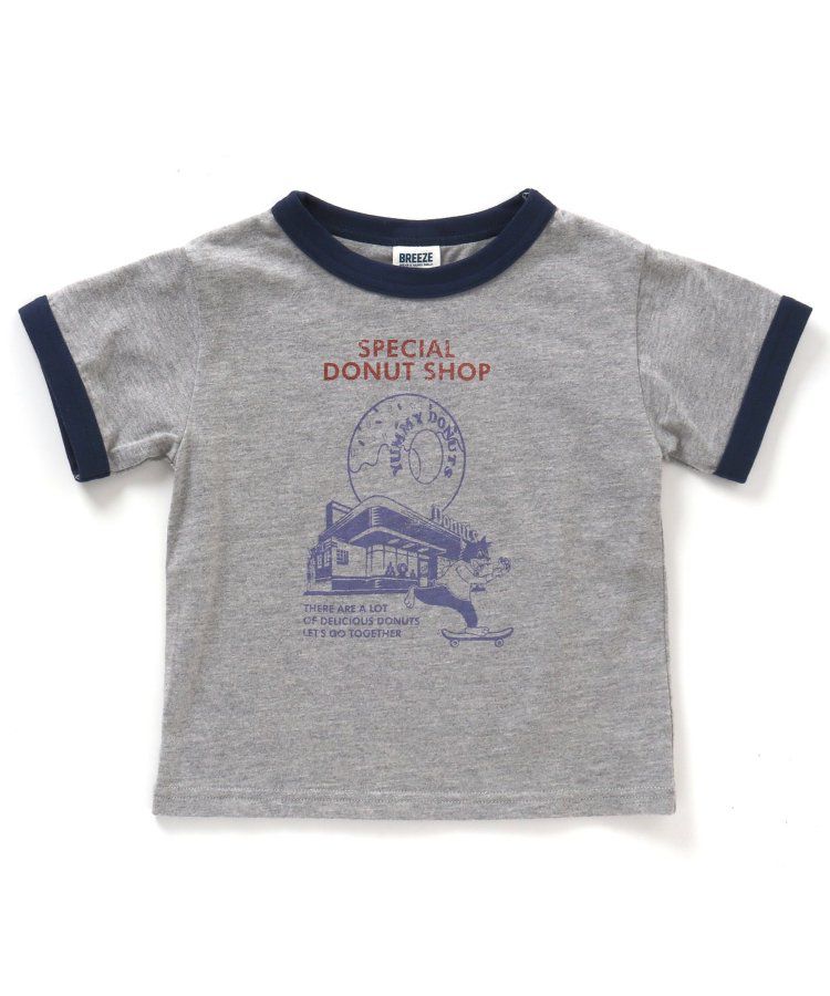 日本 BREEZE - 美式復古印花撞色邊短袖上衣-甜甜圈店-灰