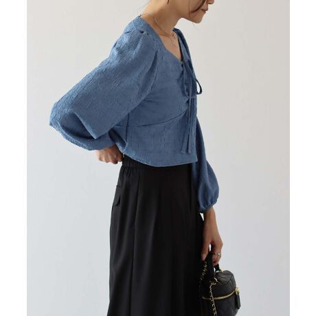 日本 BLUE EAST - 顯瘦氣質前綁帶長袖上衣-寶石藍