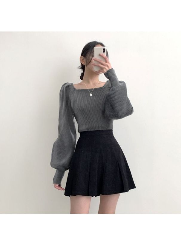 日本 GRL - 百搭方領彈性針織上衣-咖啡