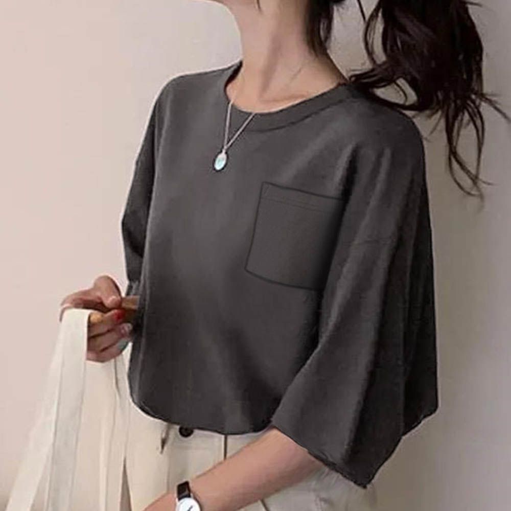 胸前口袋百搭短袖上衣-炭灰 (F)