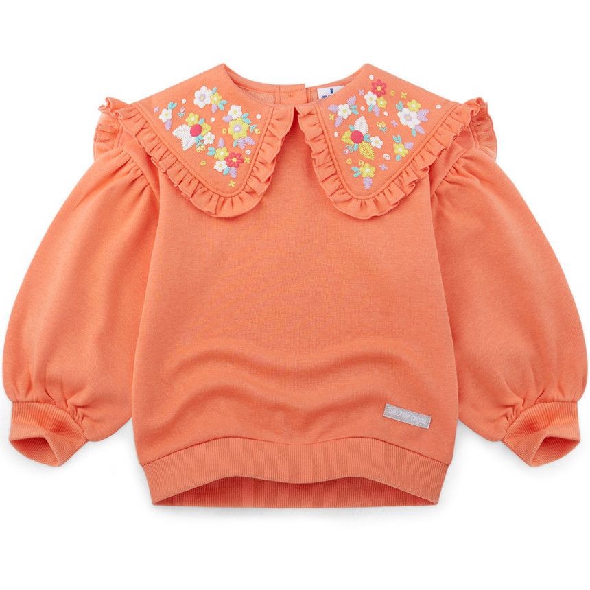 韓國 Jelispoon - (內刷毛)刺繡花朵荷葉領泡泡袖上衣-粉紅