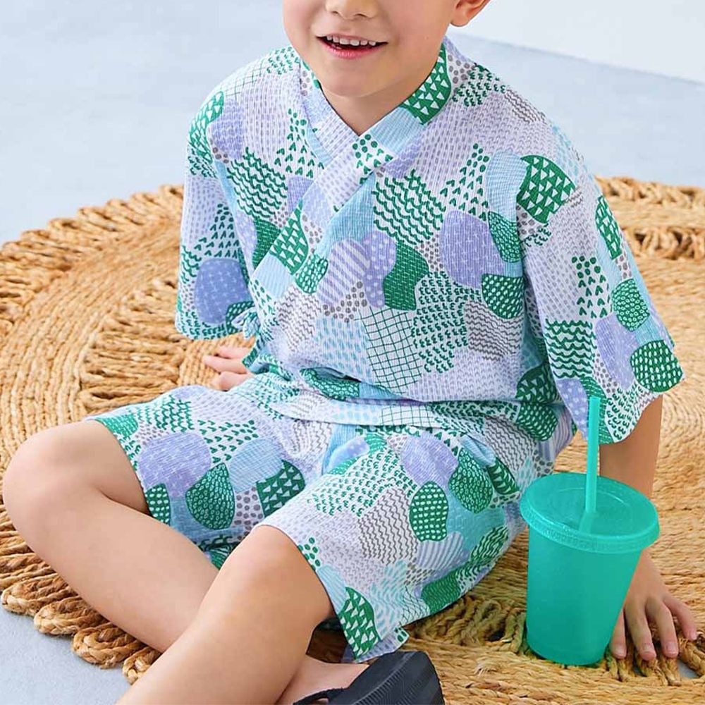 夏日風情涼爽紋理甚平套裝-幾何點點-綠灰