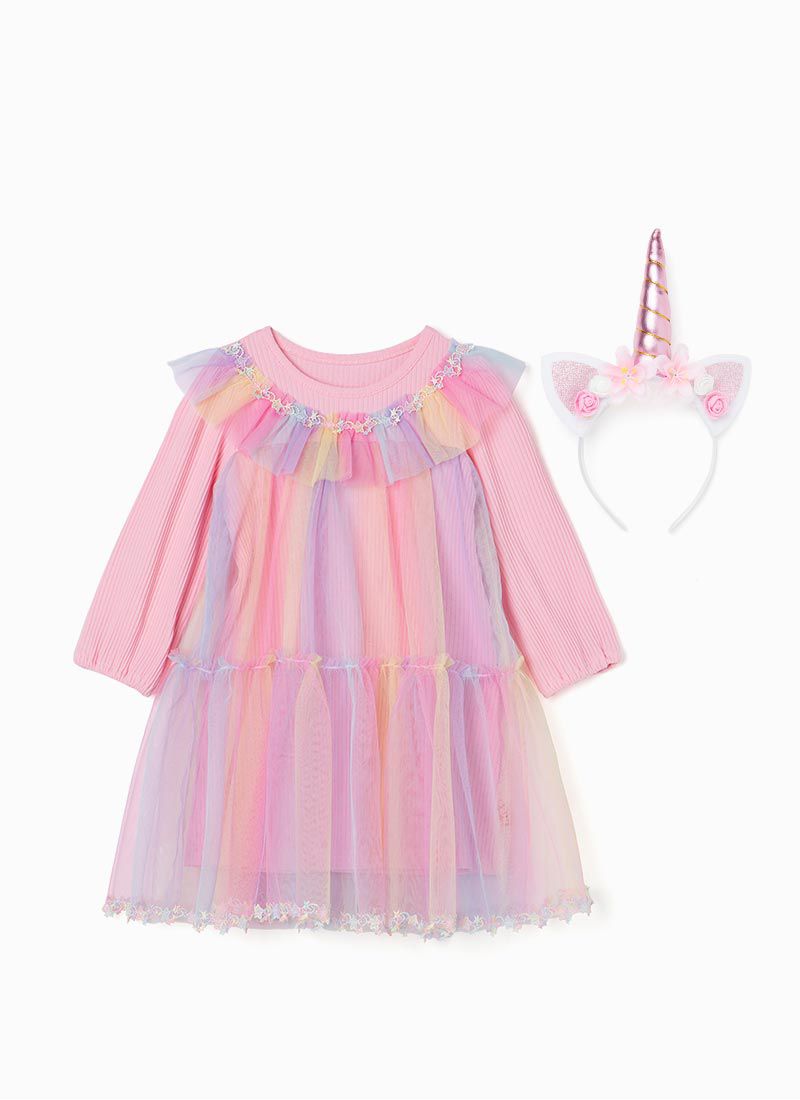 韓國 OZKIZ - 彩虹仙子網紗洋裝(附髮飾)-粉