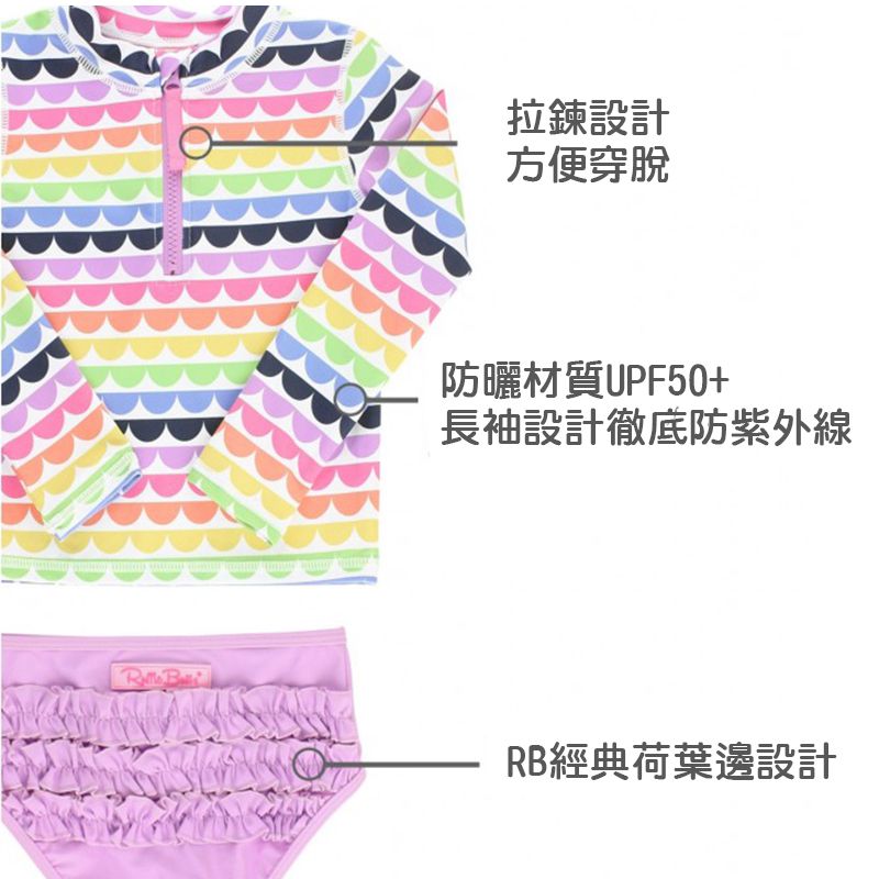 美國 RuffleButts - 小女童UPF 50+防曬兩件式長袖泳裝-七彩貝殼