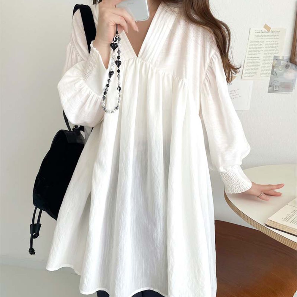 前後2way飄逸感澎澎七分袖襯衫-白