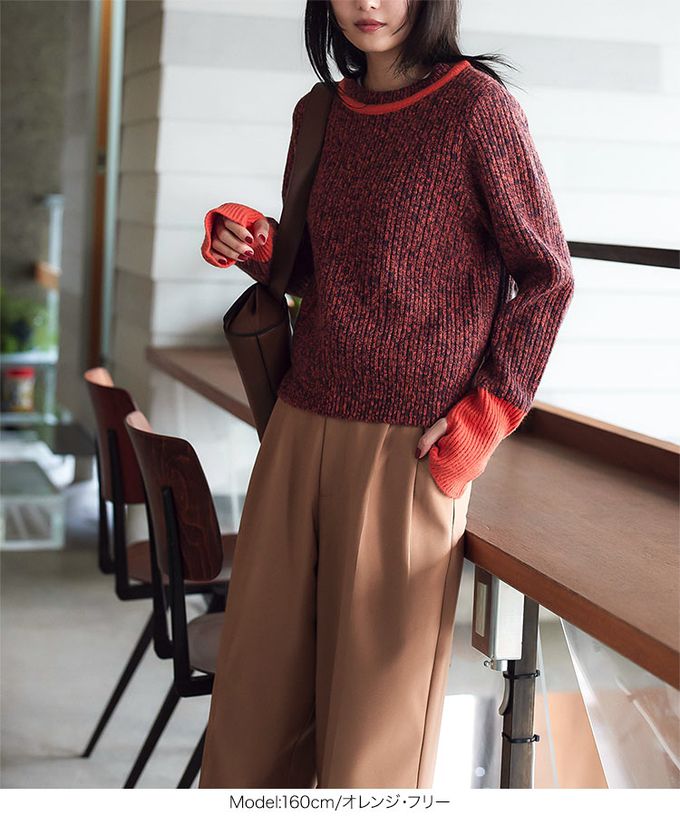 日本 Kobe Lettuce - 雙色粗編針織指孔毛衣-橘紅