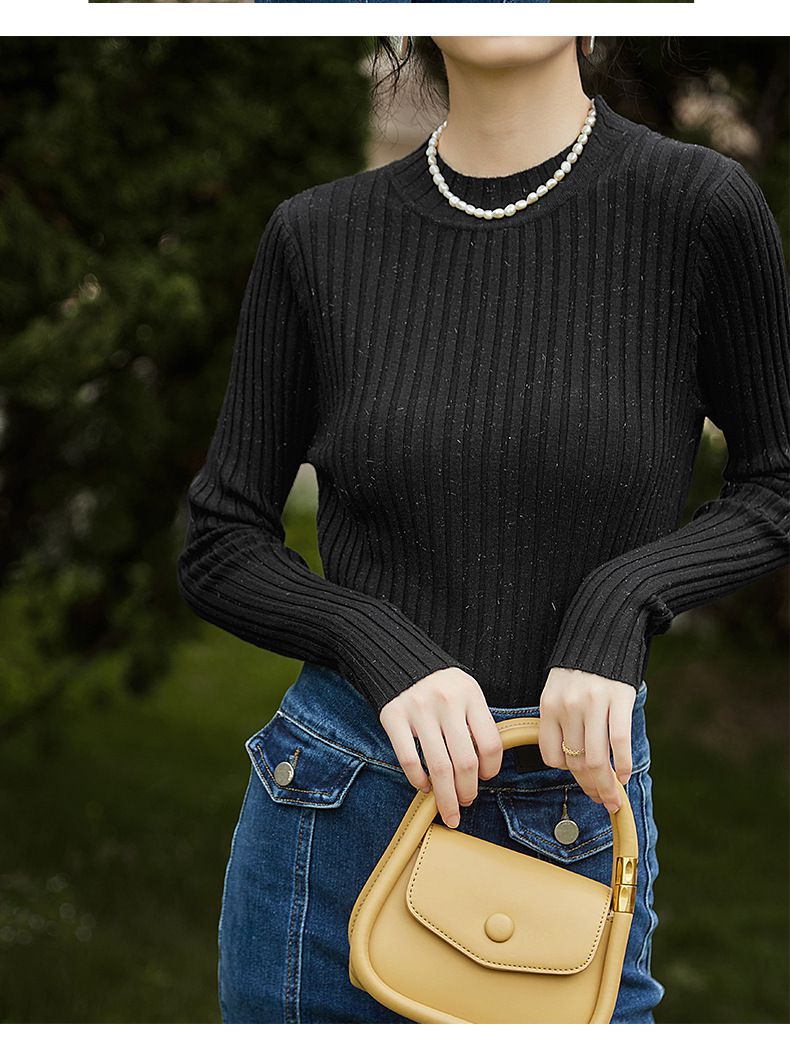 優雅百搭坑條修身針織上衣-黑色