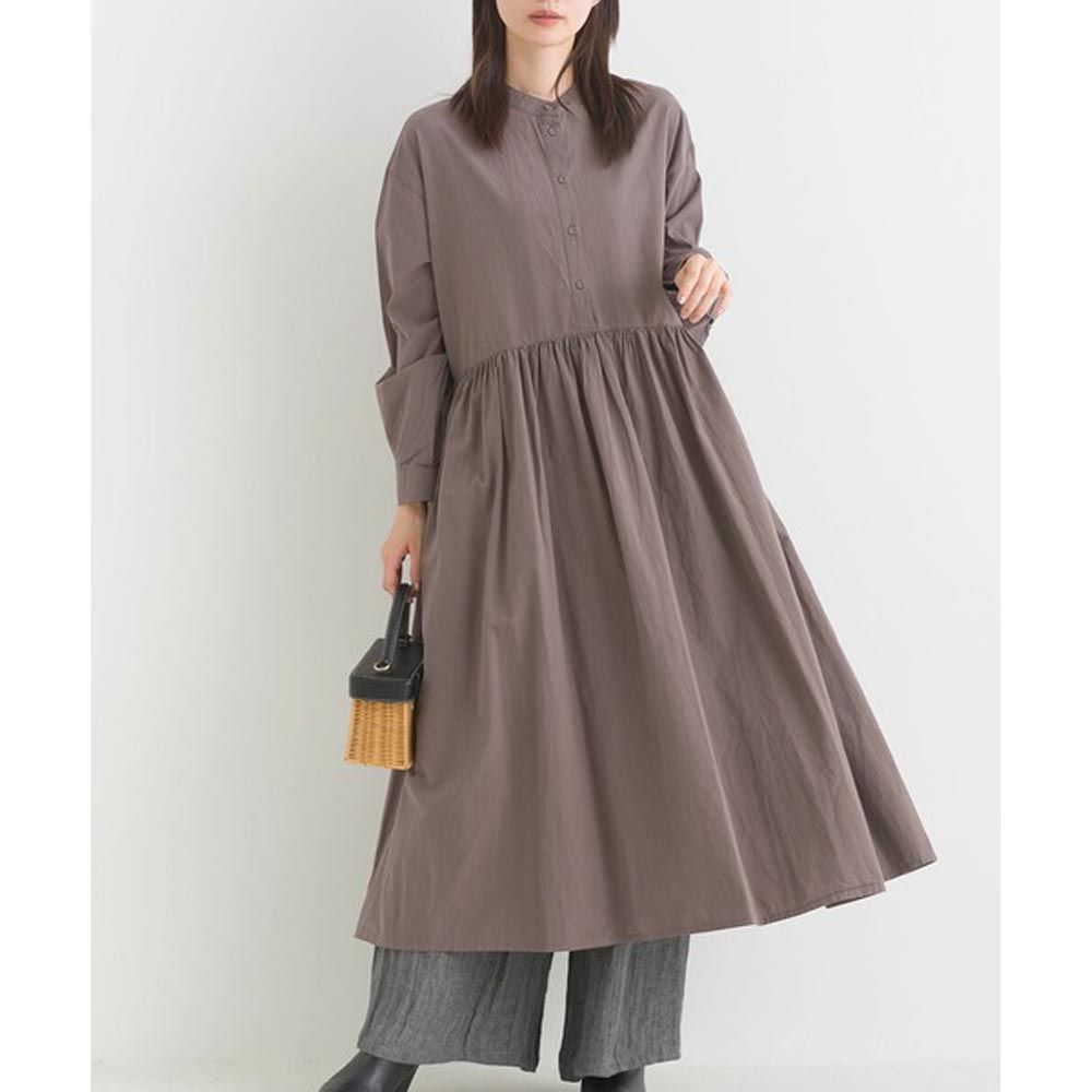 日本女裝代購 - 100%棉簡約氣質收腰長袖洋裝-石墨灰