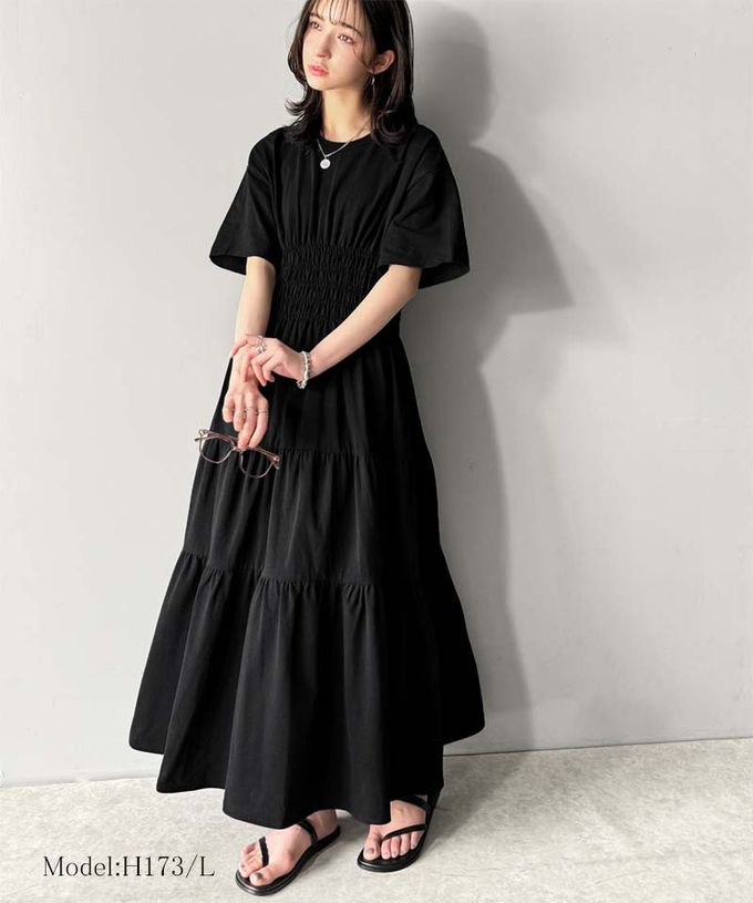 日本 Classical Elf - 100%棉 圓領美型縮腰分層短袖洋裝-淺米棕