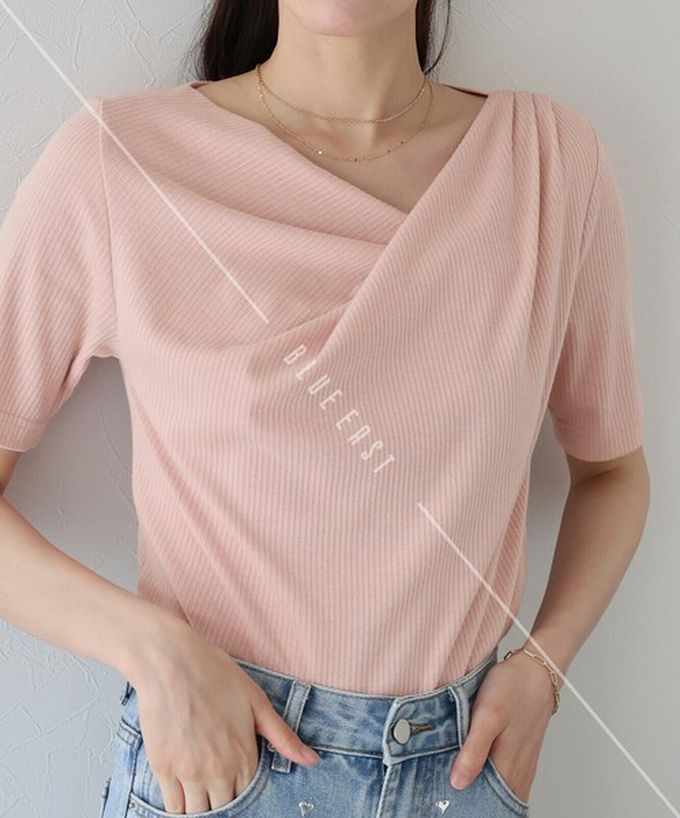 日本 BLUE EAST - 美型羅紋皺摺V領短袖上衣-水藍